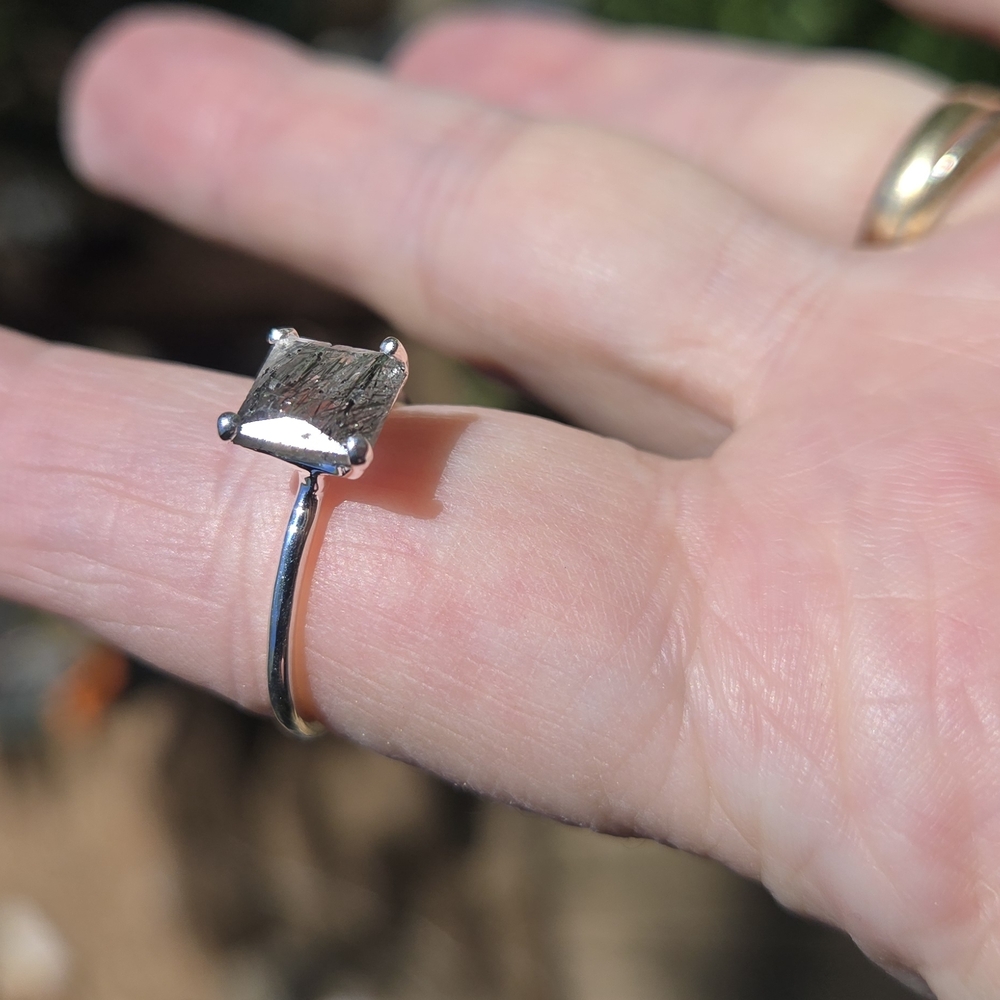 Rutilated Quarts Natural 3.5k Solitaire Emerald  Cut Sterling Ring Sz7.5 - Picture 5 of 12
